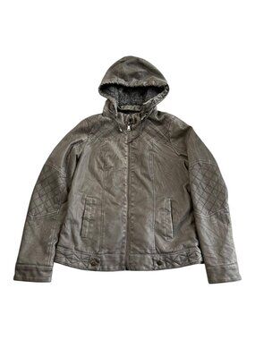 BKE Buckle Outerwear Jacket Women's Medium Gray Faux Leather Hooded Quilted Moto